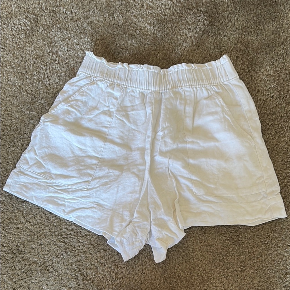 White Linen Blend High Waist Shorts